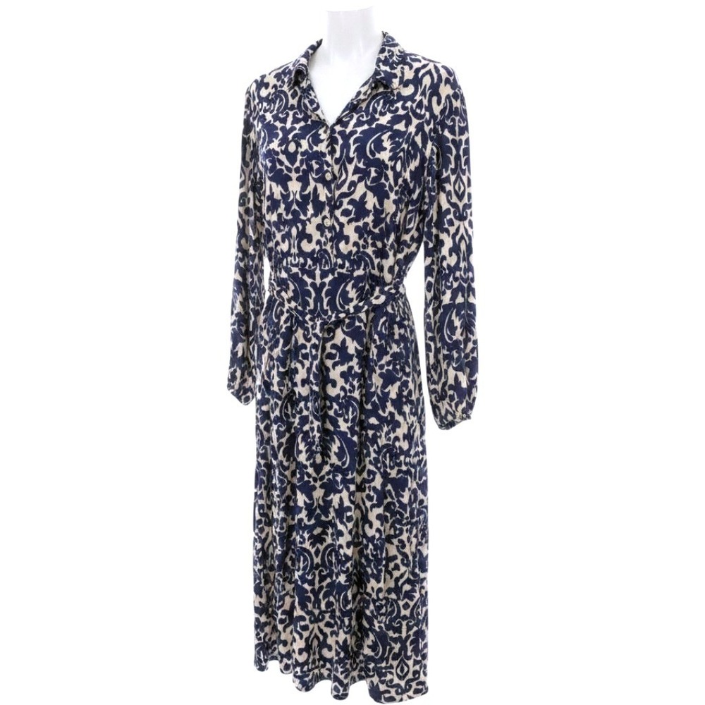 Zara Shirt Dress Womens XXL Navy Blue‎ Boho Long Sleeve Belted Maxi Viscose